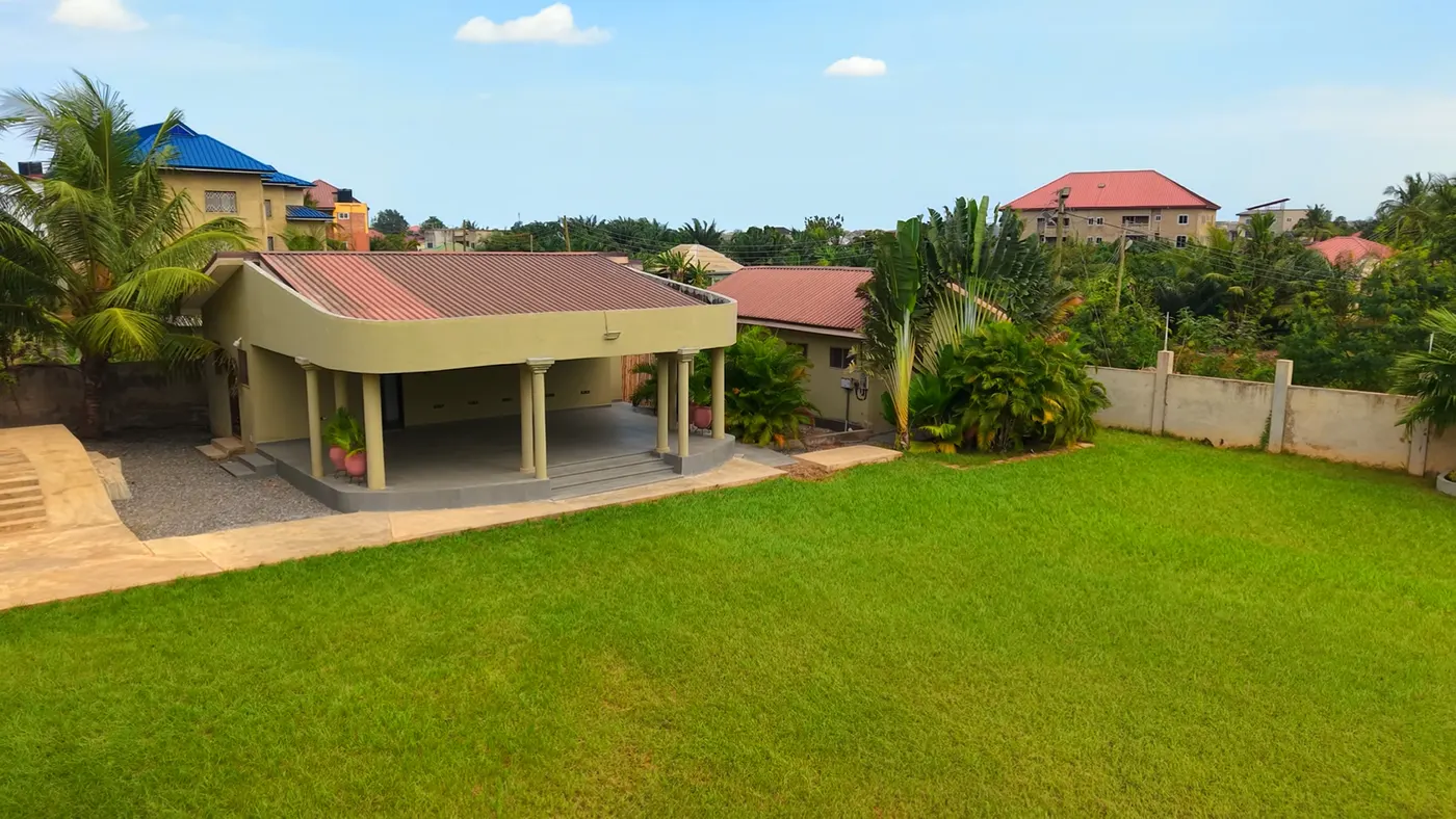 The terrace and the full length of the lawn from above