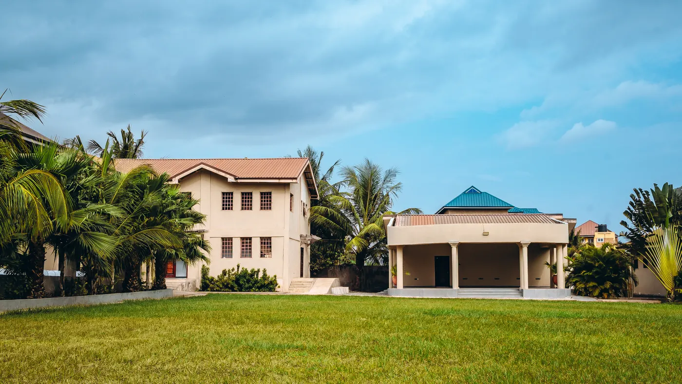 The guest block and the terrace seen together from across the lawn