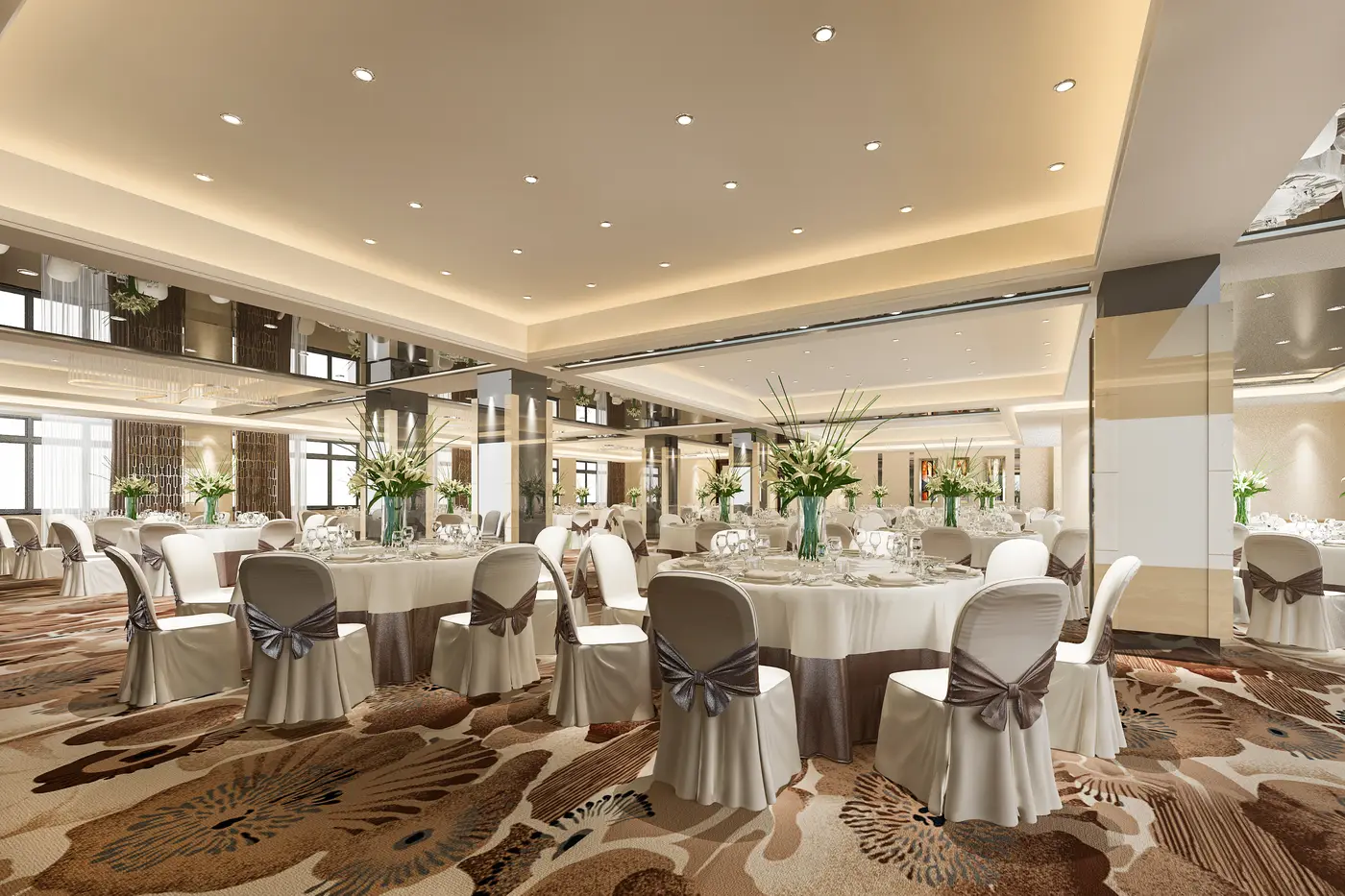 An enclosed hall laid with round tables for an event