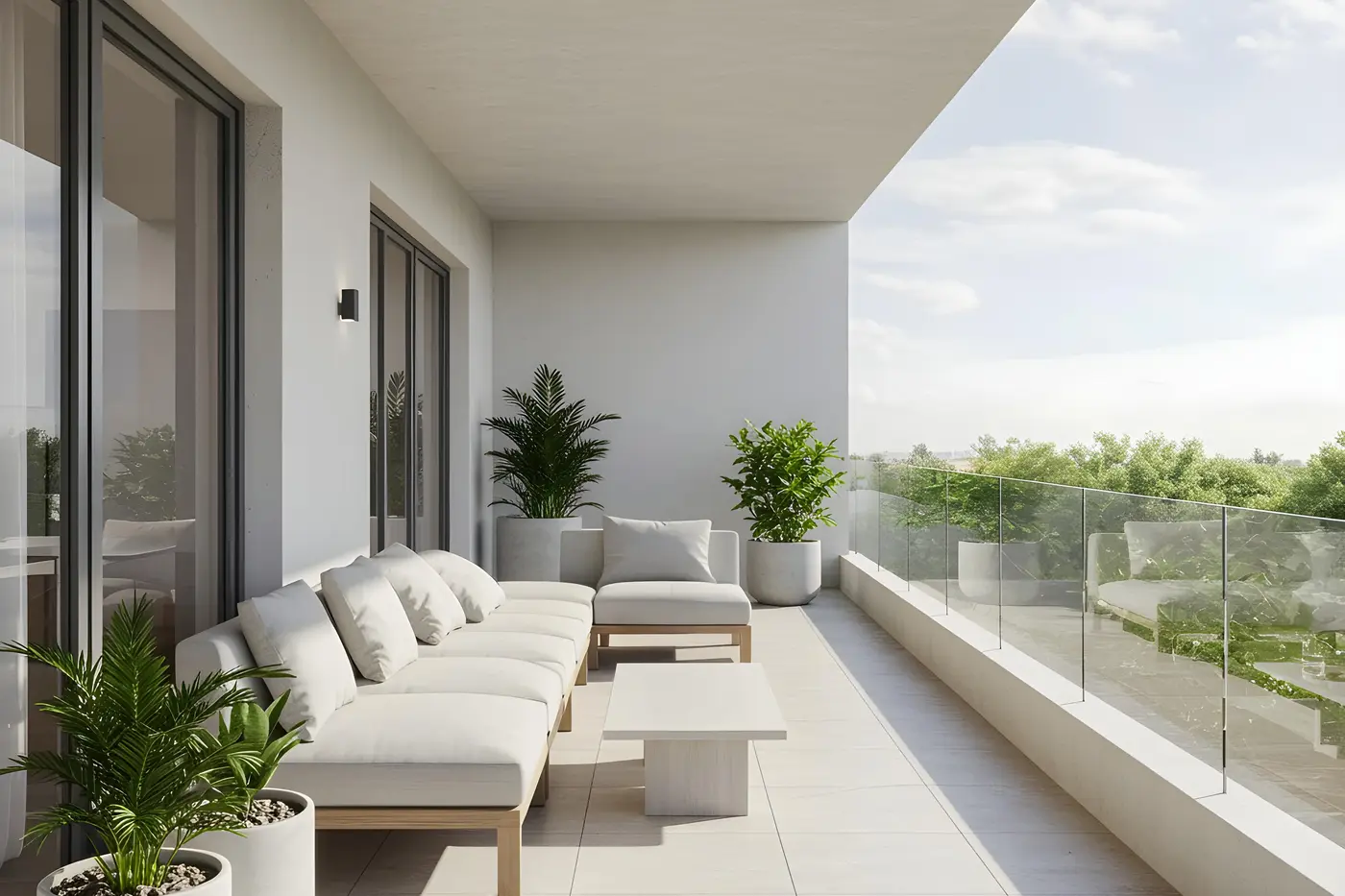 A paved terrace set with low seating and planting
